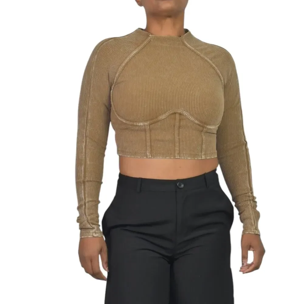 Fashion Nova Corset Crop Top Brown Washed Ribbed Long Sleeve Bustier Size Medium - Picture 9 of 15